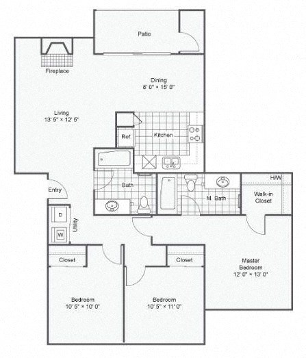 Floor plan for 3 beds, 2 baths, 1198 sqft